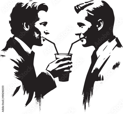 Stylized monochrome illustration of two men sharing beverage wit