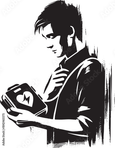 Monochrome brushstroke illustration of a man holding a defibrill
