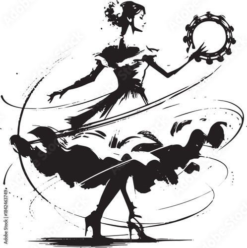 Elegant monochrome sketch of a dancer spinning with tambourine i