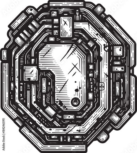 Engraved illustration of futuristic circuit board interface abst