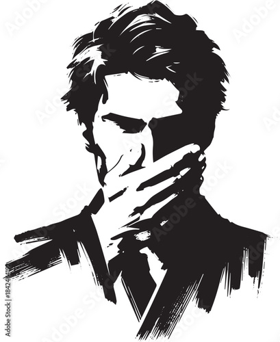 Monochrome brush stroke portrait of a contemplative man covering