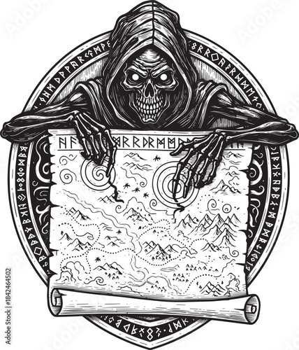 Grim Cartographer Engraving: A Skeletal Guide Holding a Medieval