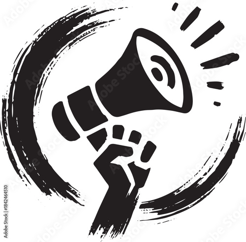 Empowerment icon: Fist and megaphone in minimalist sumi-e style