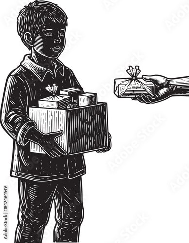 Engraved Illustration of a Boy Receiving Gifts, Hand Holding Pre