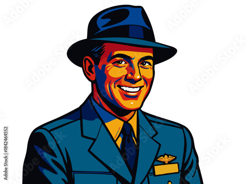 smiling intelligence officer in trench coat and fedora. Generative ai vector colorful pop art illustration.