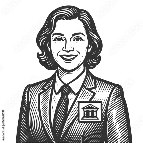 smiling woman in a suit with a government badge featuring a courthouse symbol sketch engraving generative ai fictional character vector illustration. Scratch board imitation. Black and white image.