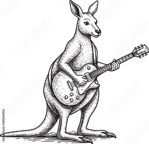 Engraved Illustration: Kangaroo Rocking Out on Electric Guitar P