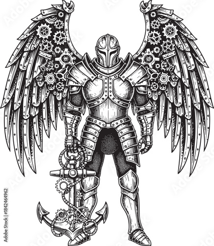Steampunk Knight with Mechanical Wings and Anchor Weaponry, Line