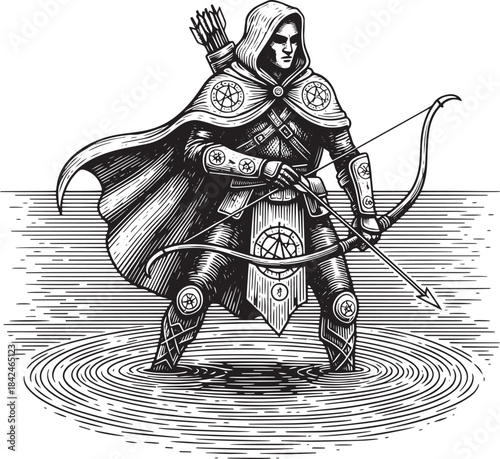Woodcut Archer in Mystic Waters, hooded figure with bow and arro