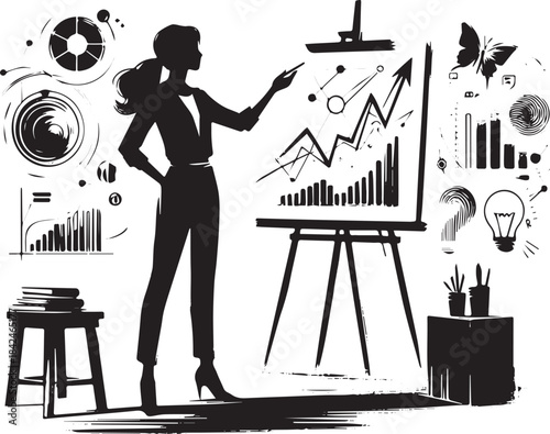 Woman presenting business strategy and data analysis in sumi-e s