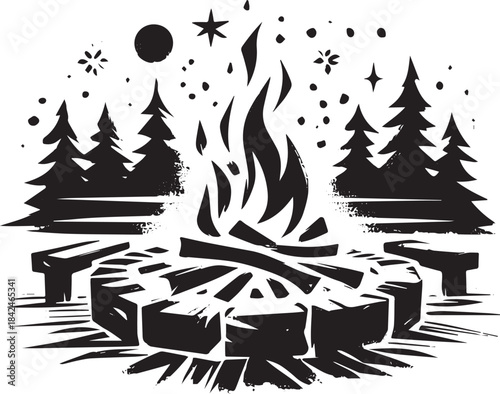 Monochrome Fire Pit Scene with Rustic benches and trees beneath