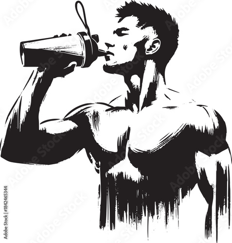 Athletic man drinking protein shake from shaker in sumi-e brush