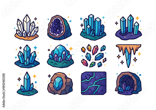 Colorful Crystal Icons. Crystal caves. Colorful isometric vector