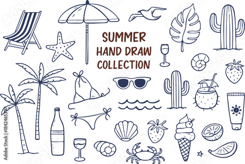 Hand draw summer collection. Palm, ice cream, sea. Crayon drawing style, Italian la dolce vita card line art vector illustration