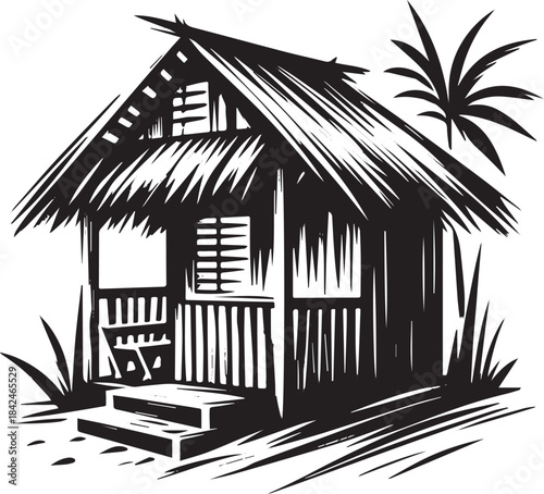 Stylized beach hut illustration with monochrome ink wash design