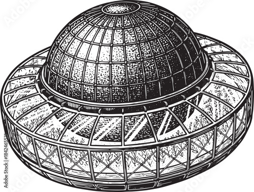 Etched greenhouse illustration with dome roof and decorative gla