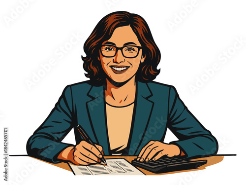 Female accountant in a suit, working with a calculator and paperwork, symbolizing finance and accounting. Generative ai vector colorful pop art illustration.