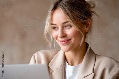 A smiling young woman in a beige blazer looks down at her laptop, appearing confident and focused in a warm, softly lit indoor setting.