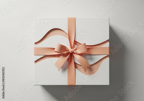 A white gift box with a peach ribbon tied in a bow, presented from a topdown perspective on a plain white background