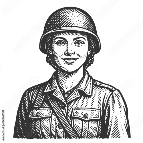 smiling female soldier wearing a military helmet and uniform, exuding pride and strength sketch engraving generative ai fictional character vector illustration. Scratch board. Black and white image.