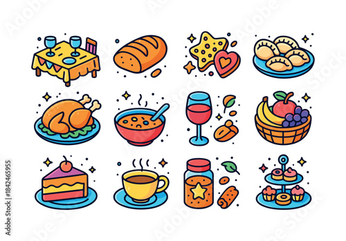 Colorful Food Icon Set. Food traditions. Colorful isometric vect