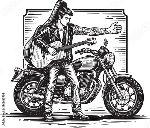 Engraved illustration of a biker with guitar hitchhiking, black