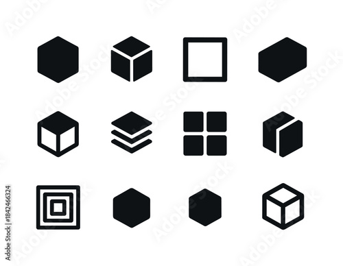 Geometric Box Icons. Geometric boxes. Solid icon set of geometri