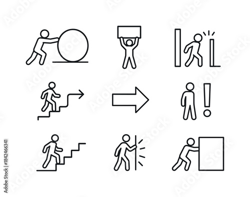 Human vs Obstacle Icons. Human vs obstacle. Line icon set of Hum
