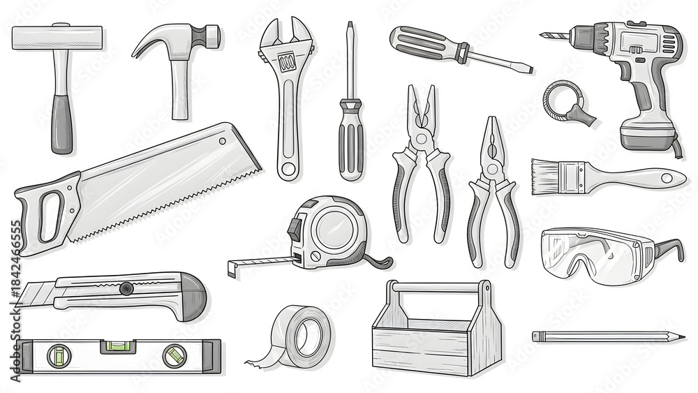 Fototapeta premium Tools Set Including Hammer, Pliers, Drill on White