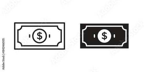 Cash icons collection. Thin linear and black flat icons