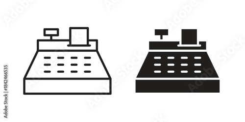 Cash register icons collection. Thin linear and black flat icons