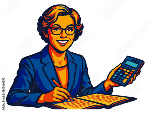Female accountant in a suit, working with a calculator and paperwork, symbolizing finance and accounting. Generative ai vector colorful pop art illustration.