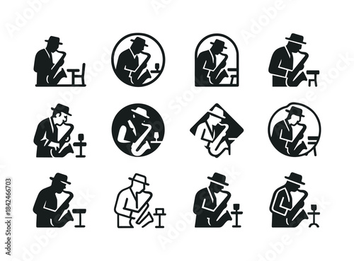 Jazz Musician Logos. a jazz musician playing a saxophone in a di