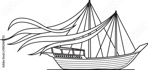 Black and white line art of a dhow boat with billowing sails