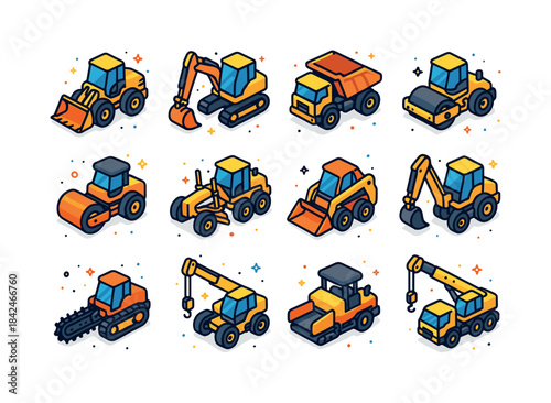 Colorful Construction Icons. Heavy equipment. Colorful isometric