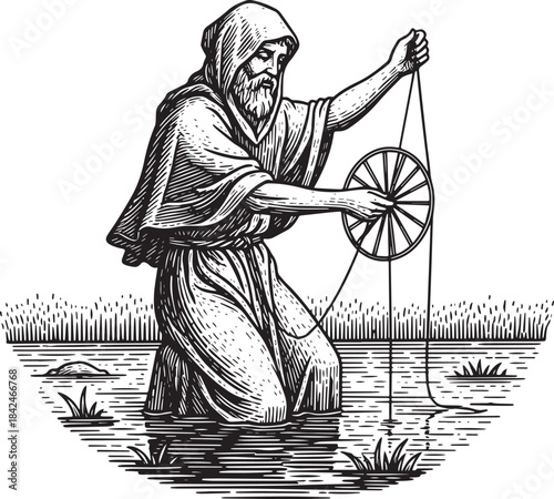 Monk figures in the water illustration with wheel and line woodc