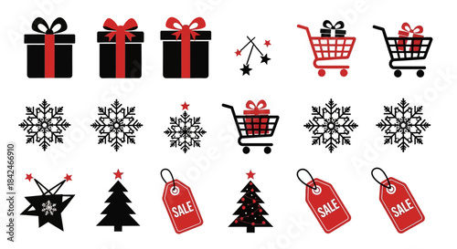 Festive Holiday Icon Collection: A collection of decorative icons capturing the spirit of celebration. Presents, shopping carts, snowflakes, price tags and Christmas trees create a fun holiday scene.
