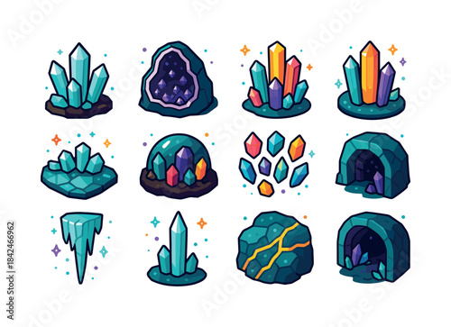 Colorful Crystal Icons. Crystal caves. Colorful isometric vector