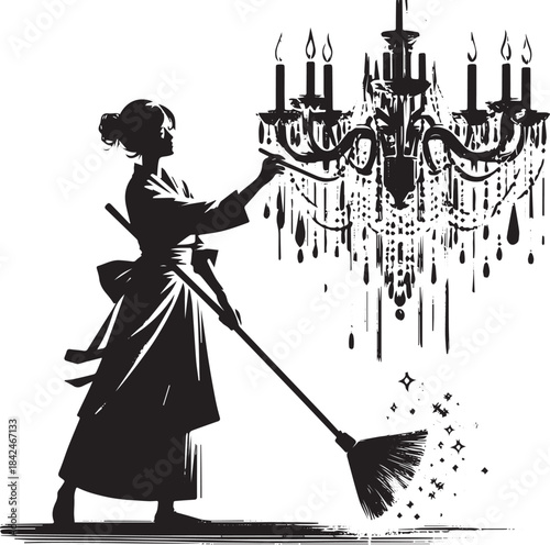 Elegant sumi-e illustration of a woman dusting a chandelier with