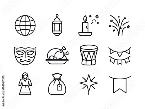 Global Holiday Icons. Holidays Around the World. Line icon set o