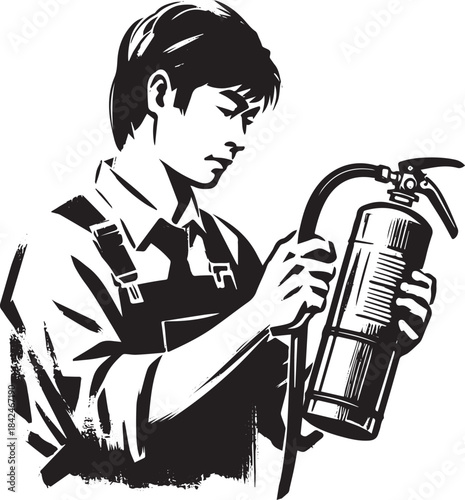 Focused worker inspecting fire safety equipment in sumi-e monoch