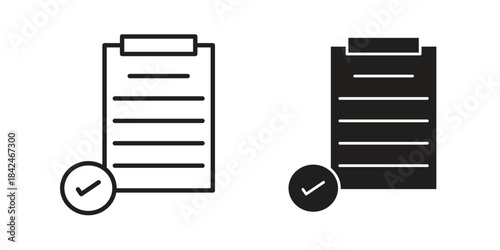 Clipboard check icons collection. Thin linear and black flat icons