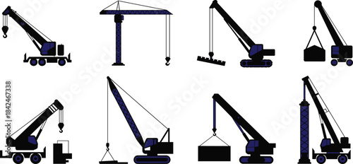 Industrial Machinery Silhouettes for Building, Lifting, and Material Handling on Job Site Vector Graphics