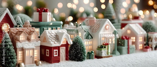 Cozy Christmas village scene with colorful houses, trees, and people celebrating winter festivities and enjoying time outdoors with gifts and joy