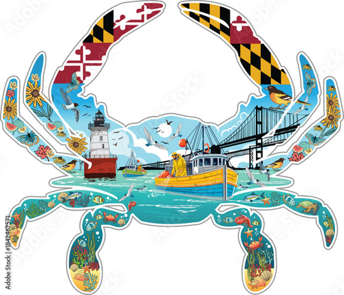 Sticker design illustration of a crab with maryland atmosphere