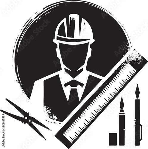 Iconic depiction showcasing architect with tools in stark black