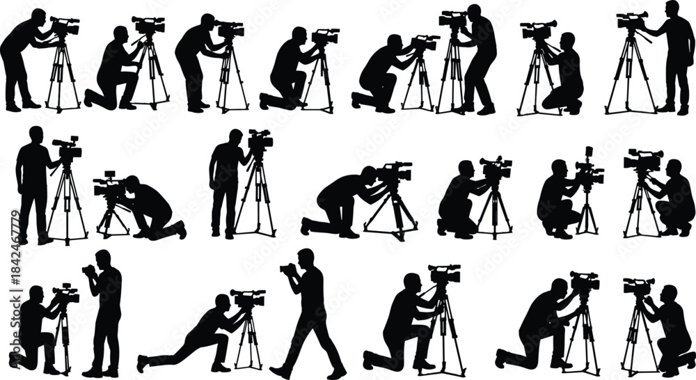 Fototapeta premium Videographer Silhouette Figures with Tripods – Dynamic Filming Poses in Standing, Kneeling, and Crouching Angles for Media and Design Use