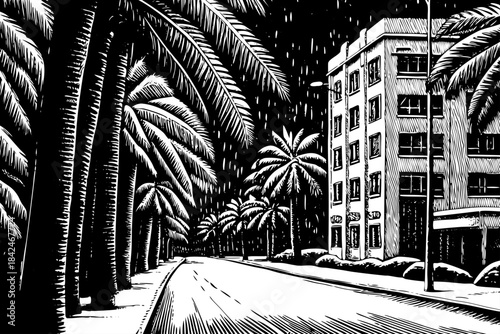 snowy sketch of Miami shows palm-lined streets, coastal buildings, and subtle pencil shading capturing an unusual winter moment in the typically warm Florida city