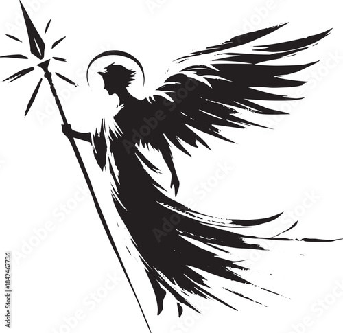 Stylized ethereal guardian with radiant spear illustration in su