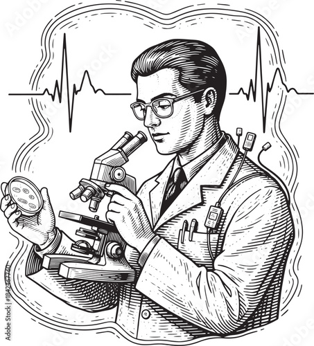 Intricate Engraving of a Doctor Examining Specimens with Microsc